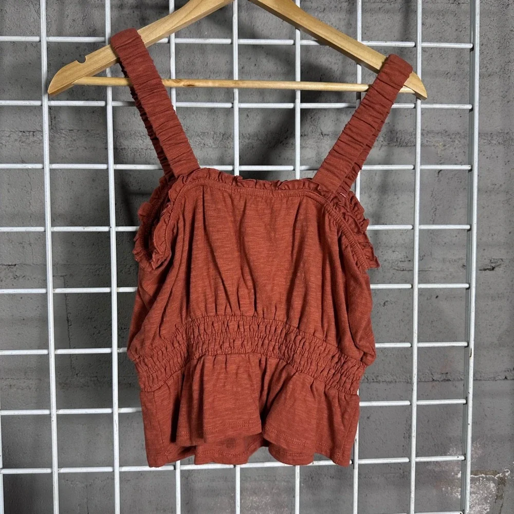 Marine Layer Terracotta Orange Smocked Peplum Tank Top Cotton Ruffle Square Neck